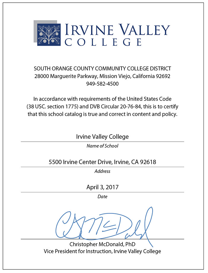 IVC Catalog Certification by Vice President for Instruction